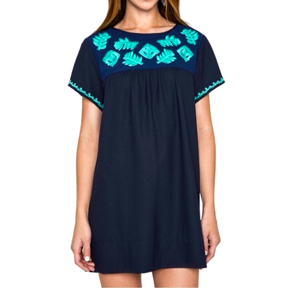 Umgee Women’s Embroidered Shift Dress, Navy Blue W/Turquoise Florals, Size L